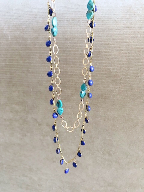 An Austrian Crystal, Blue Dangle, Gold Chain, Turquoise Necklace